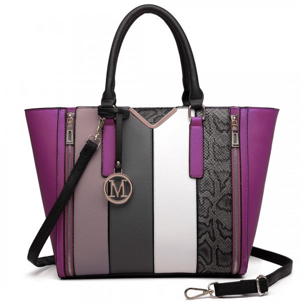 LT6624 - Miss Lulu Panelled Stripe Design Tote Handbag Purple